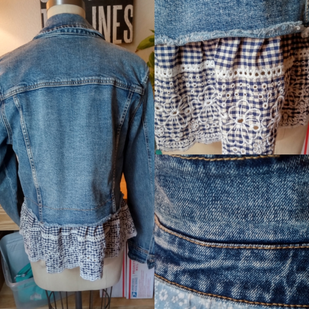 Anthropologie Blue Denim Jacket with White Crochet Hem - Picture 2 of 12